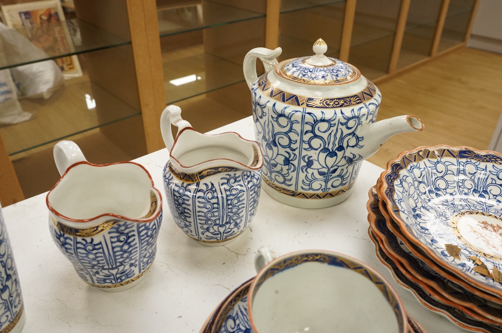 A collection of Worcester Royal Lily pattern tea, coffee and dessert wares and two similar dishes, late 18th/early 19th century